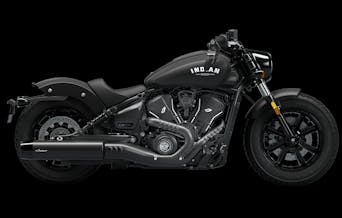Studio image of Indian Scout Bobber 2024 in Black Smoke colour, awvailable at Brisan Motorcycles Newcastle